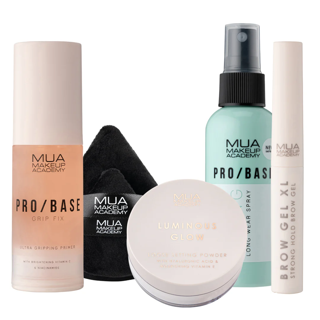 Fix Up Bundle - including Grip Fix Primer, Luminous Glow Setting powder, Brow Gel XL, Pro/Base Fixing Spray & Powder Puff Duo.