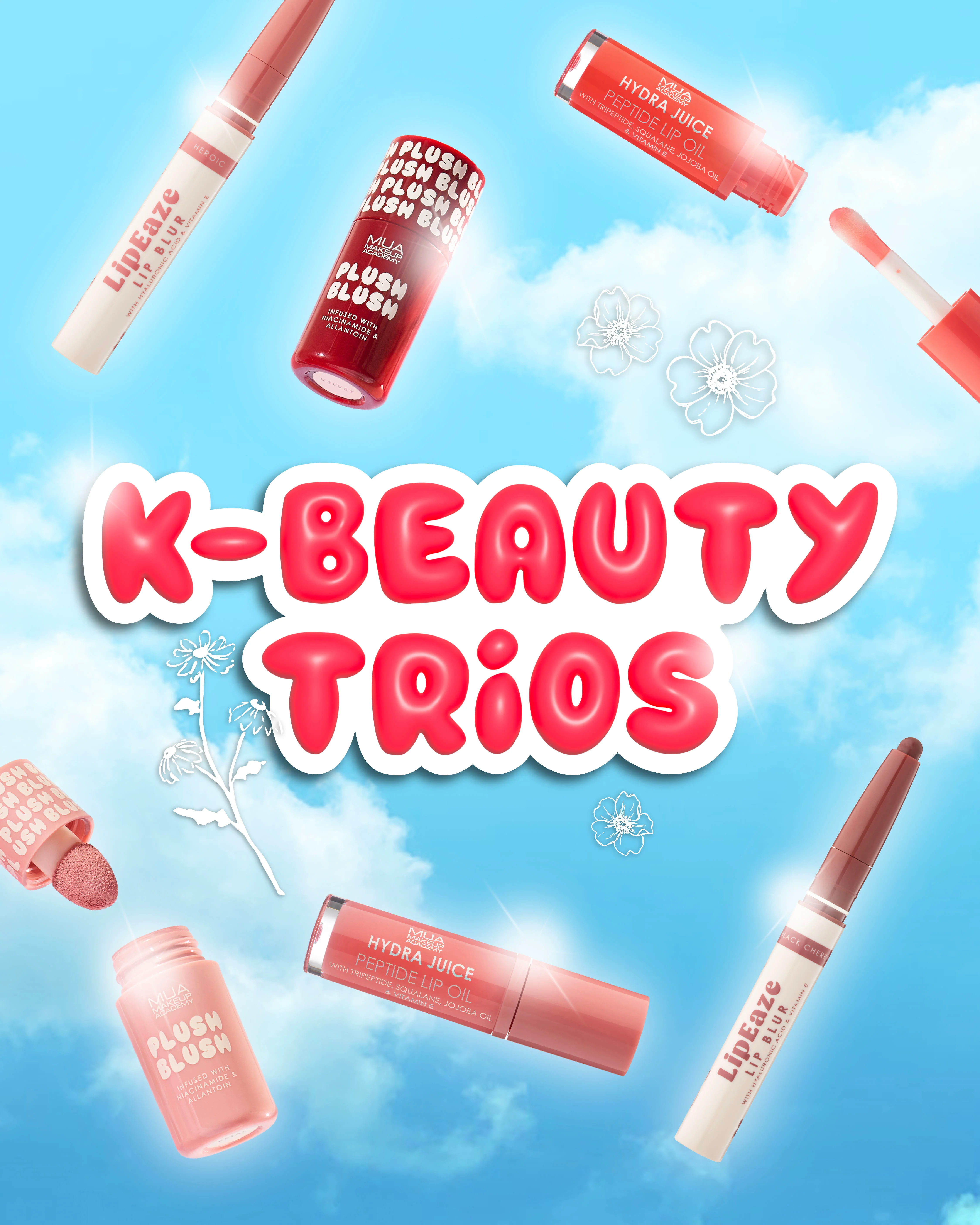 K BEAUTY SPRING TRIO'S - MUA Makeup Academy - including Plush Blush, LipEaze blurring lip liner, Hydra Juice Peptide lip oil