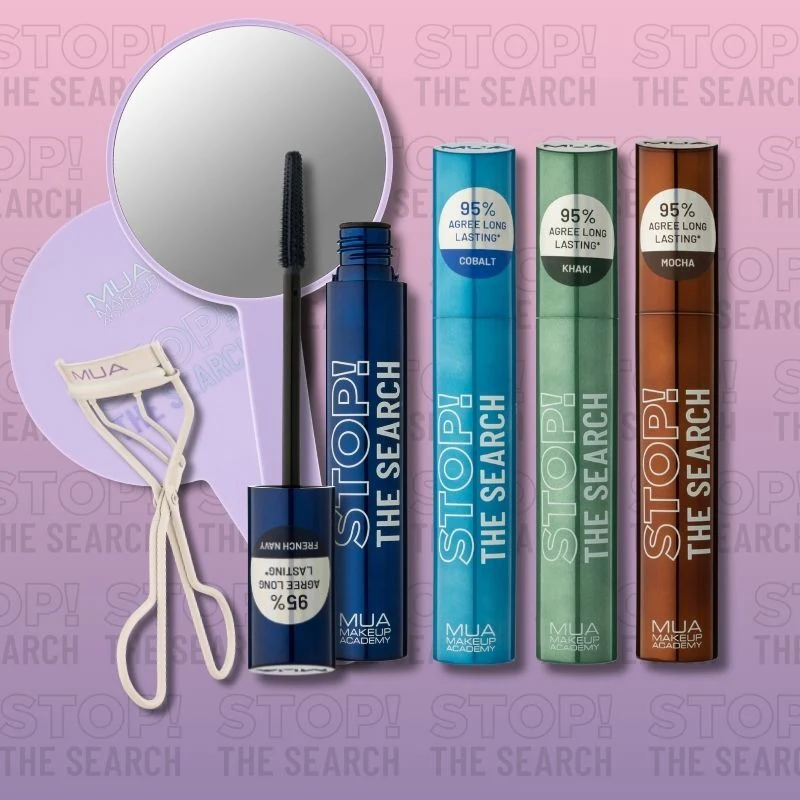 MUA Makeup Academy Stop The Search Reloaded Bundle - Including 4 NEW shades - Mocha, Khaki, Cobalt, French Navy, Stop The Search Handheld Mirror, & Nude Lash Curler.